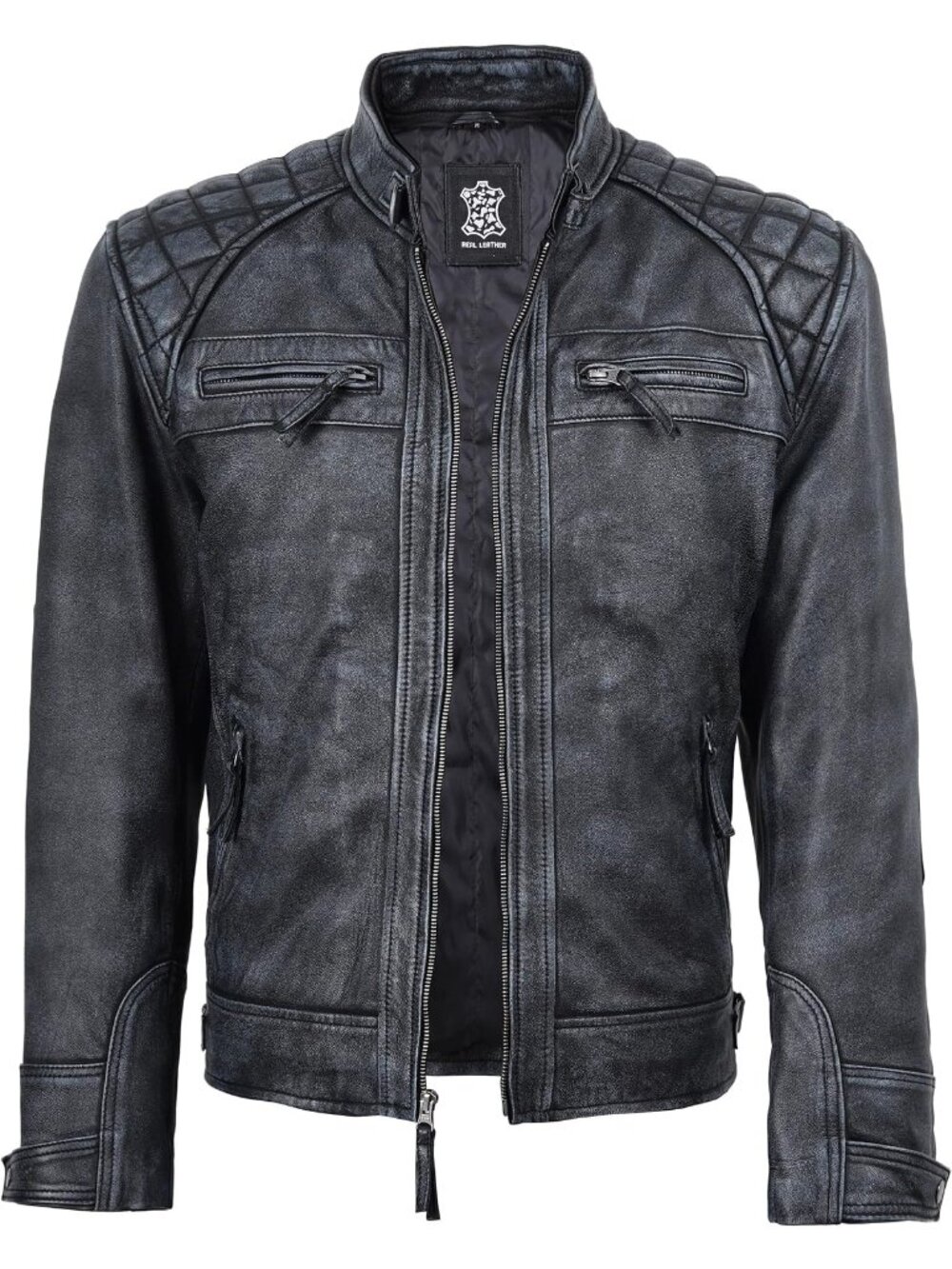 Men’s  Genuine Lambskin Leather Cafe Racer Motorcycle Jacket- Wash Black